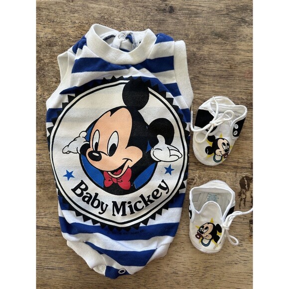 *Vtg Disney Baby Mickey Mouse Romper One Piece 1984 6 Mos Blue Stripe Booties